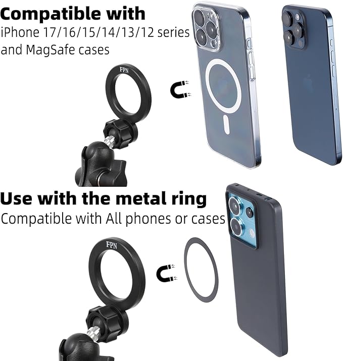 Magnetic Phone Holder Base for RAM Mounts, 1" (25mm) Ball Mount with Short Aluminum Alloy B Size Double Socket Arm, Compatible with Magsafe iPhone 17/16/15/14/13/12 Series