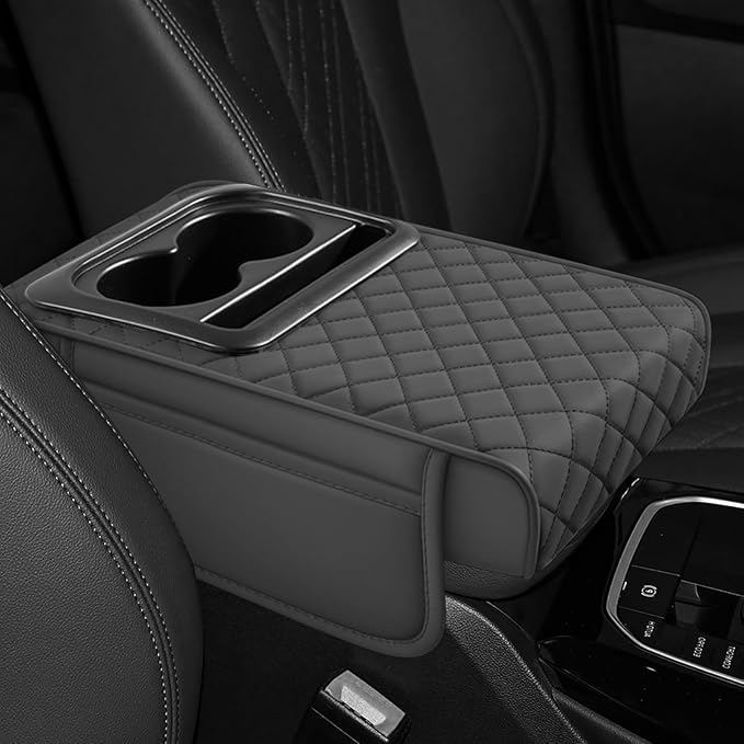 Hovom Car Center Console Cover, 13.39"×7.87"×2.76" Leather Armrest Cover for Cars, Memory Foam Armrest Pillow with Pocket, Cup Holder & Phone Slot, Universal Vehicle Arm Rest Cushion Pad (Gray)