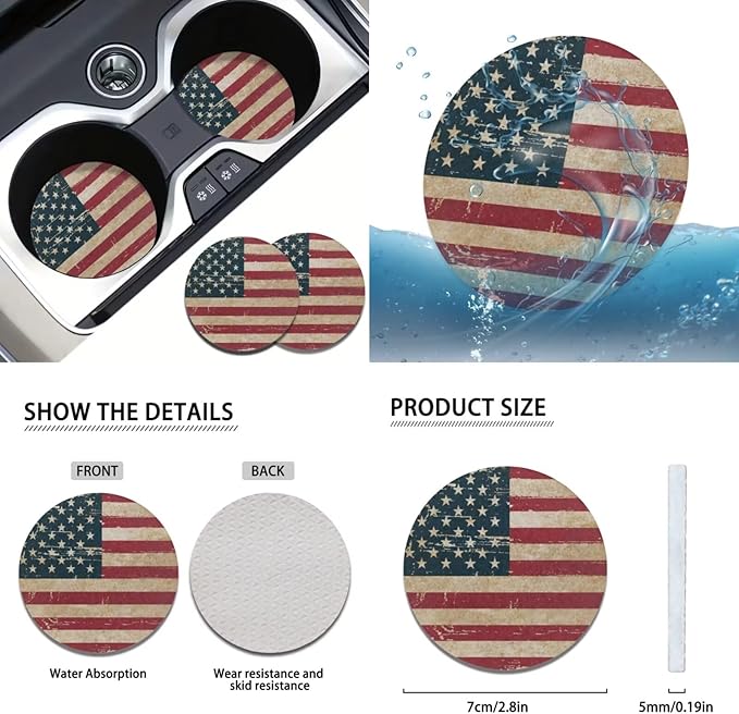 FKELYI Red American Flag Car Seat Covers Full Set, Steering Wheel Protector, Headrest Cover, Gear Shifter Knob and Handbrake Cover