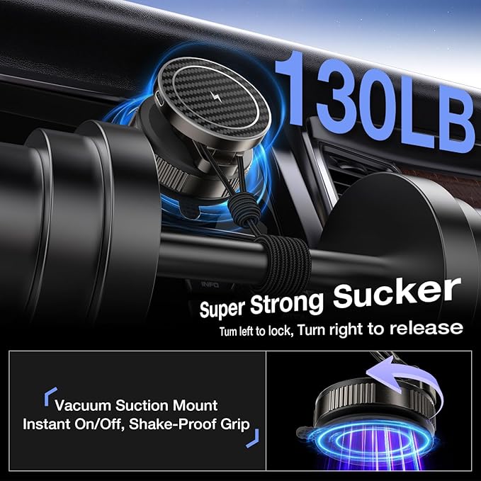 Vooii for Magsafe Car Mount Charger (15W Wireless Faster Charging) (130+LB Strongest Suction & 3000gf Magnetic) (360° Adjustable) Vacuum Car Phone Holder, Phone Holders for Your Car for iPhone 17-12
