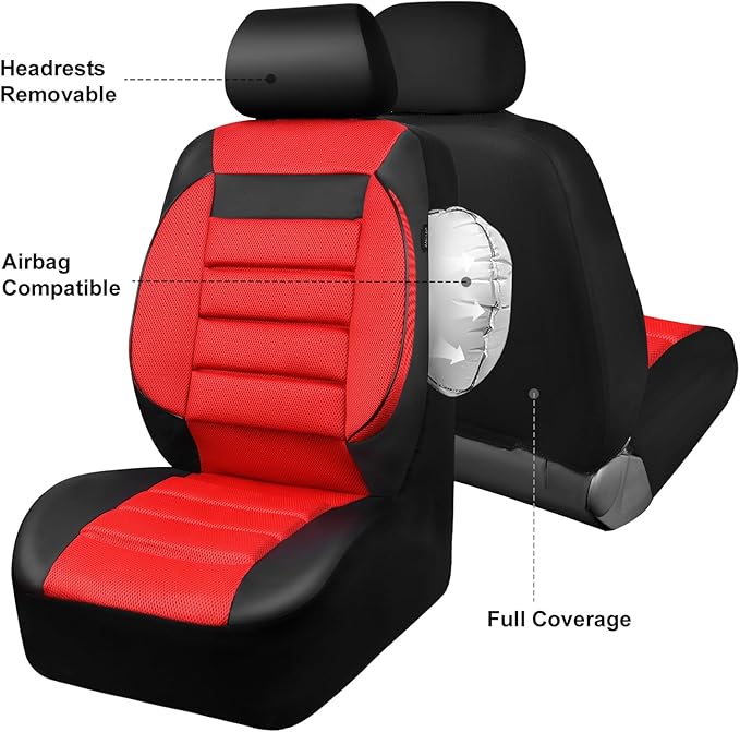 CAR PASS 3D Foam Leather Car Seat Covers Two Front Seats only, Air Mesh Thick Seat Covers, All Weather Car Seat Cover Comfort & Protection for Truck,SUV,Sedan,Van, Airbag Compatible (Black Red)