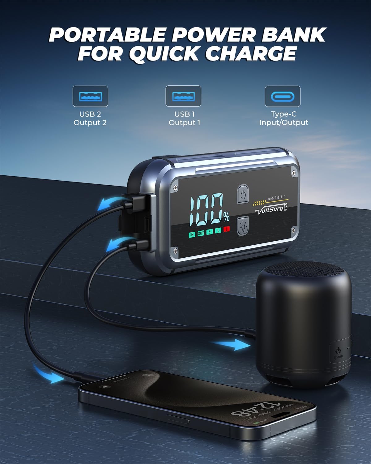 6000A Car Jump Starter, 12V Battery Jumper Starter Portable (up to All Gas 8.0L Diesel Engine) Large LCD Display Battery Charger Pack with QC3.0 and 4 LED Light Modes