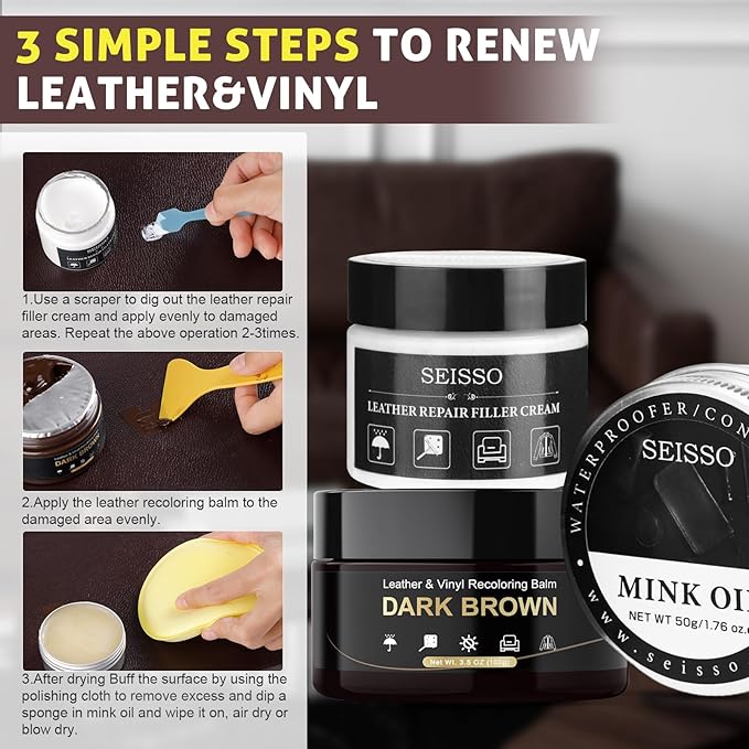 SEISSO Leather Repair Kit for Furniture, Dark Brown Vinyl Repair Kit with Mink Oil Car Interior Leather Recoloring Balm for Scratches, Fading Shoes, Car Seat, Sofa