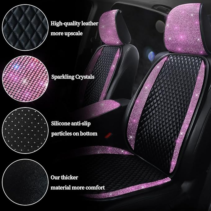 Luxury PU Leather Car Seat Cover Protector Bling Rhinestones Diamond Front Auto Seat Protector Pad for Girls Women or Ladies Auto Sparkling Crystal Universal Interior Accessories Pink 2Seats