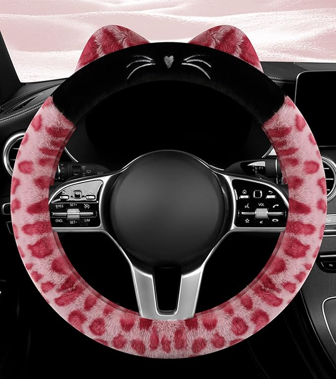 Dotesy 3D Ear Furry Cheetah Car Steering Wheel Cover Set Fluffy Faux Wool Steering Wheel Protector Leopard Anti-Slip Soft Warm Car Accessories for Women (Pink)