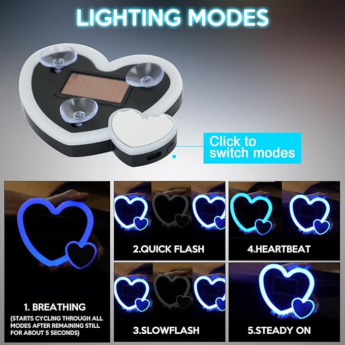 2PCS Solar Heart Lights for Car Window - Auto On/Off at Night, No Wiring Needed, Waterproof Romantic Gift for Her/Him, Car Gift Anniversary, Windshield Dashboard Decoration (Blue)