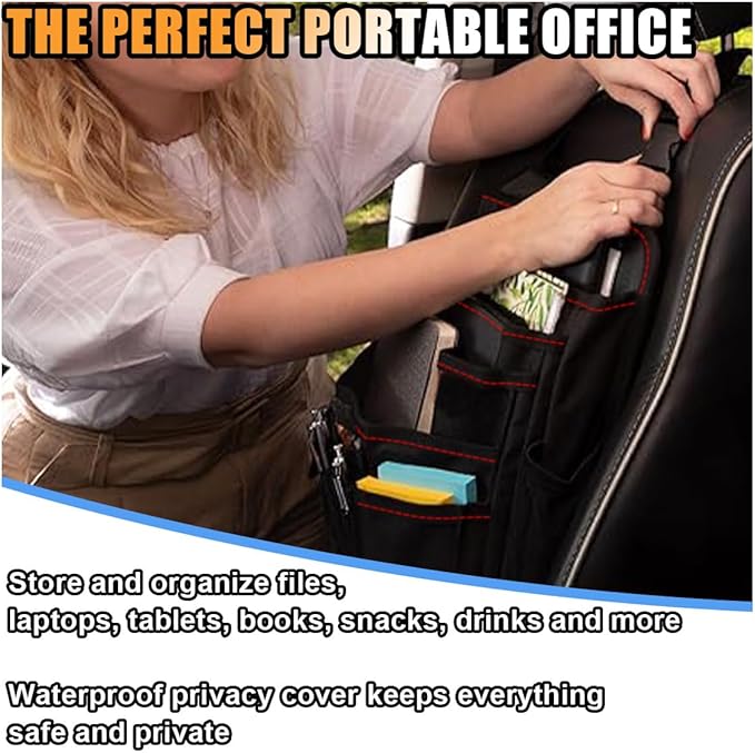 Car Front Seat Organizer, Car Backseat Organizer with Adjustable Shoulder Strap, Passenger Seat File Bag with Dedicated Laptop Tablet Holder Cup Holder for Car Law Enforcement (Black with Red Line)