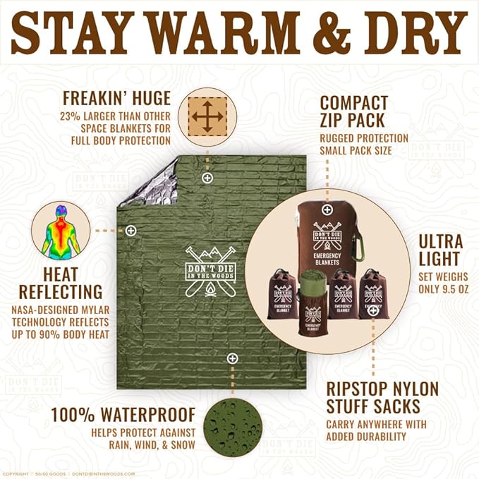Don't Die In The Woods - Freakin’ Huge Emergency Blankets [4-Pack] Extra Large Thermal Mylar Space Blanket - One of The Ten Essentials Outdoor Survival Gear for Hiking Camping First Aid Kit (Green)