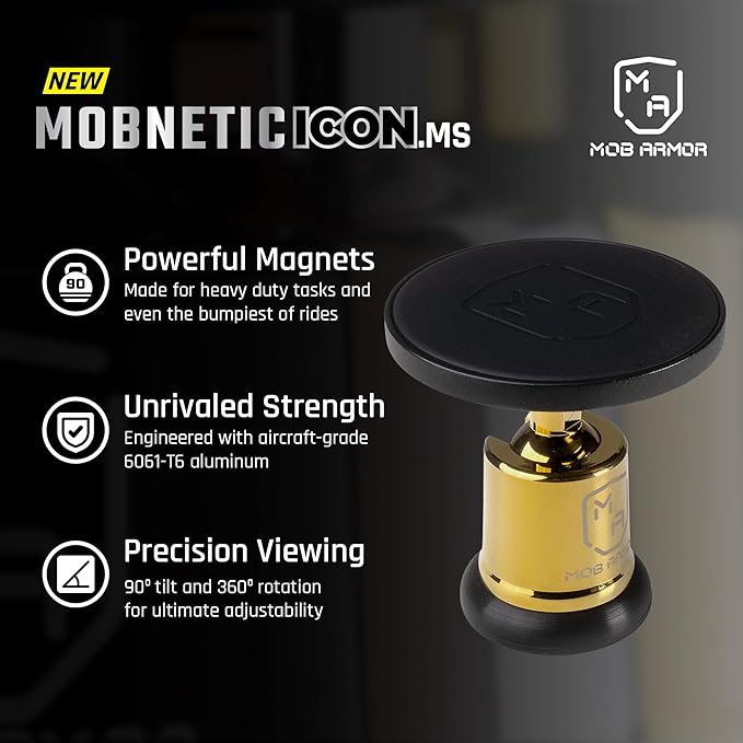 Mob Armor MobNetic Icon.MS MagSafe Compatible Phone Mount, Magnetic Phone Holder for Car w/ 90lb Pull Force, 90º Tilt & 360º Rotation, Aluminum Build, Compatibility for iPhone & Android (Gold)