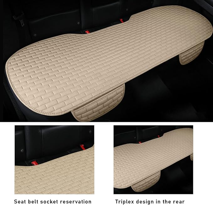 Car Back Seat Cover, Anti-Slip Automotive Long Rear Seat Protectors with Storage Pocket, Breathable Comfortable Back Seat Cushion Pad Mat, Universal Car Accessories (Back Beige)