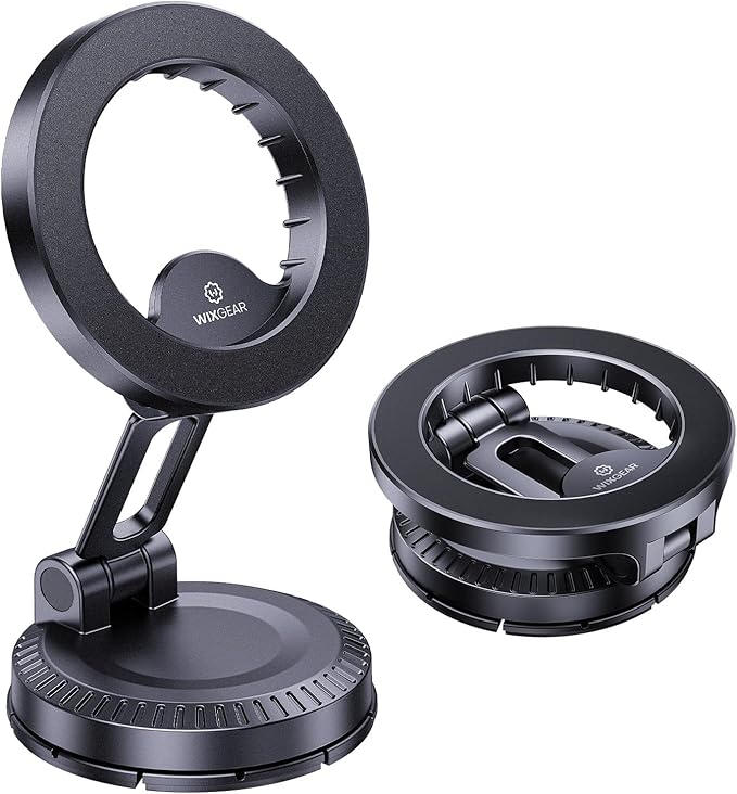 WixGear Stick-On Foldable Magnetic Car Mount Dashboard Phone Holder, Strong Magnet Mount for MagSafe iPhone & All Smartphones, 3M VHB Adhesive Dashboard Mount, 360° Adjustable Compact Design
