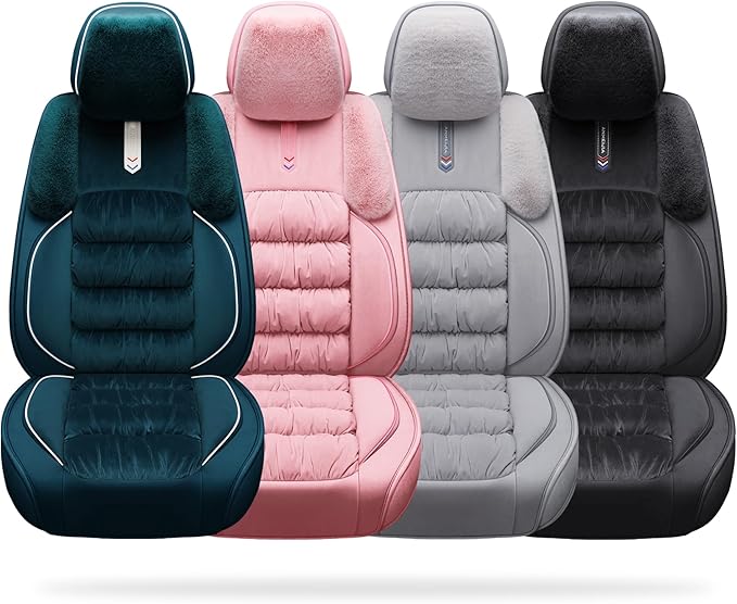 AOOG Fuzzy Car Seat Covers, Heated Bench Back Cushion Protector for Cars SUV Trucks(Front Pair,Black)