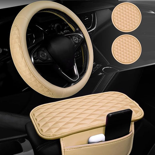 CAR PASS 3D Rhombus Leather Steering Wheel Cover Car Accessories Set, Comfortable Center Console Armrest Cushion with Storage Bags 2 Non-Slip Cup Coasters, 14.5-15in Car Interior Sets, 4 PCS All Beige