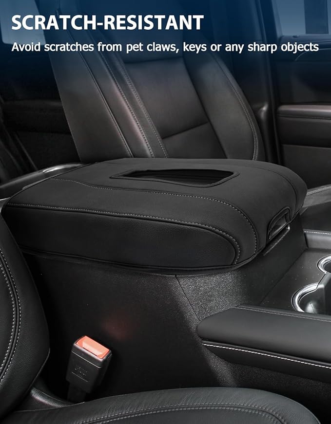 Center Console Armrest Cover for Chevy Silverado 1500 Accessories & GMC Sierra 2019-2026, Yukon & Tahoe & Suburban 2021-2026, Bucket Seat, Comfort Arm Rest Cushion Pad, Black-Gray Stitch
