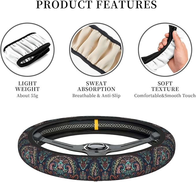 Paisley Steering Wheel Cover Women 15 inch Anti-Slip Sweat Absorption Steering Wheel Covers Cute Car Accessories Decor Car SUV Sedan Vans Truck Protector