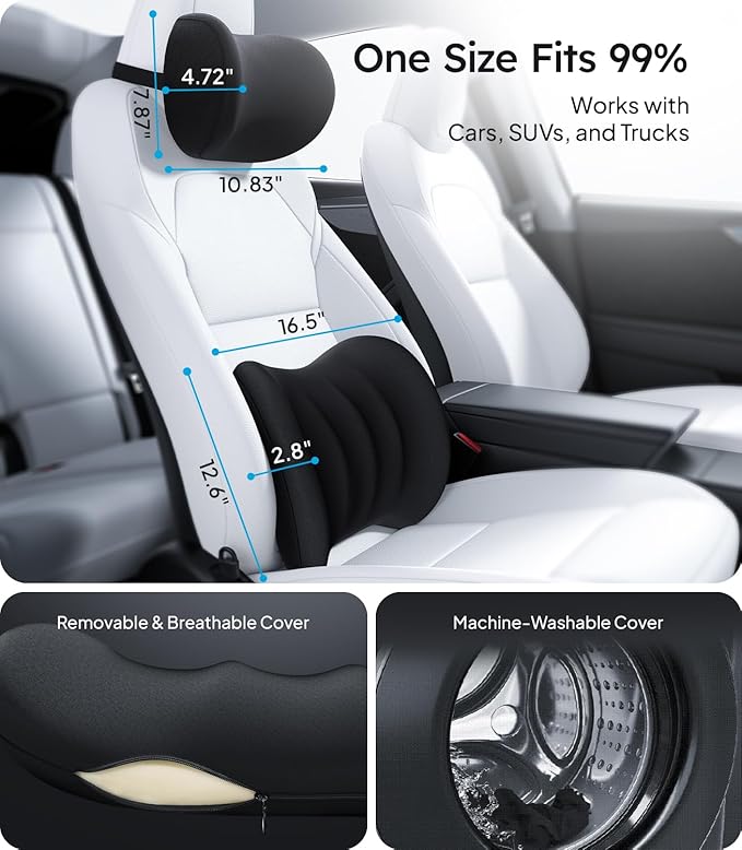 Wigoo 2026 Car Neck Pillow and Lumbar Support Pillow for Car Set [Ergonomic Design, Pressure Relief] Soft Car Headrest Pillow Back Cushion with Adjustable Strap, Fits All Vehicles (Black)