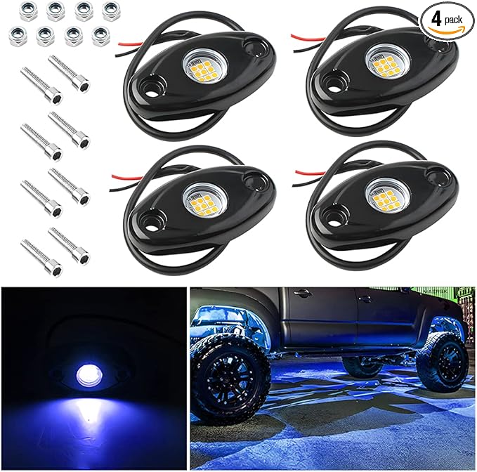 Rock Lights for Trucks, 4 Pods LED Rock Lights, IP67 Waterproof Neon Rock Lights Kits for Pickup ATV Off Road SUV, High Brightness Multifunction Underglow Lighting Glow Trail Rig Lamp (Blue)