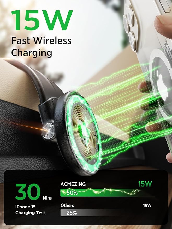 ACMEZING 15W Only for iPhone MagSafe Car Mount Charger, 360% Adjustable Aluminum Alloy Arm, Relocatable Car Phone Holder, Magnetic Wireless Fast Charging, Cell Phone Holder for All Car Models, Black