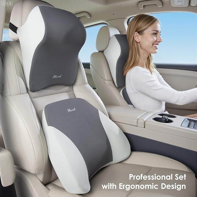 FLORICH Lumbar Support and Car Neck Pillow, Back Support and Headrest Pillow for Car Seat Driver, Memory Foam Back Neck Support Pillow and Car Seat Lumbar Support for Car Office Chair - Gray