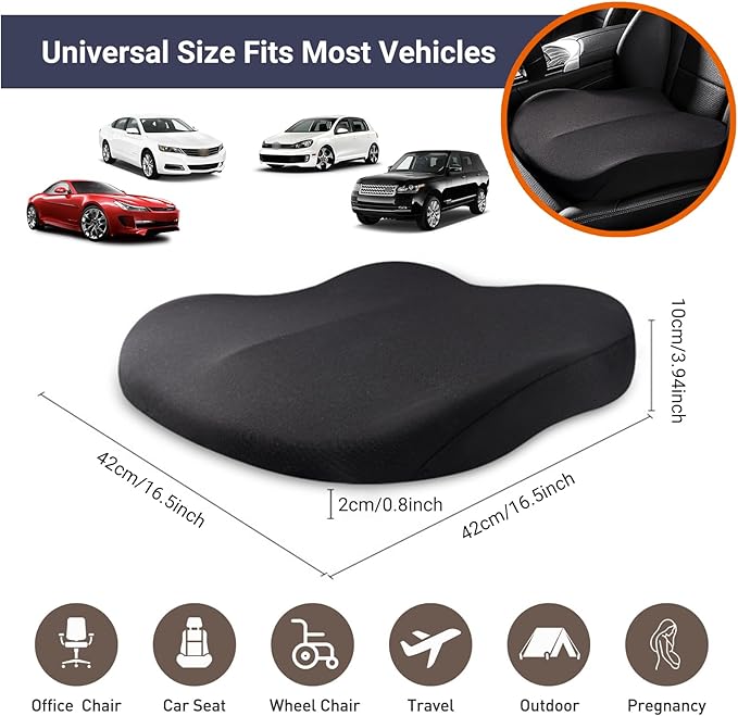 Adult Booster Car Seat Cushion, Wedge Memory Foam Pad for Driving Seat, Effectively Increase Height By 3.94 inch, Car Travel Accessories for Long Trips, (Black)