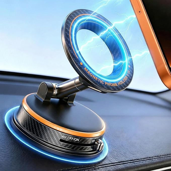 Magnetic Car Phone Holder, 3000gf MagSafe Suction, 360° Adjustable Zinc Alloy Mount for Dashboard/Windshield, Compatible with iPhone 17/16/15 Series (Orange)