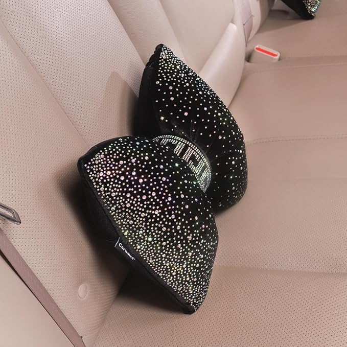 Bow Neck Support Pillow for Driving Seat Travel Head Rest Sparkly Bling Car Accessories Sparkly Rhinestone Headrest Black 2pcs for Women Men