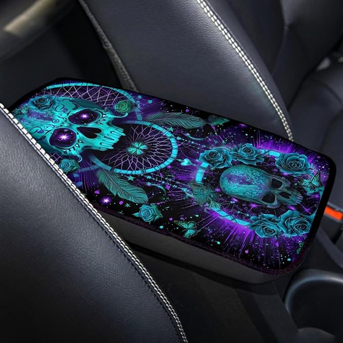 Neoprene Car Center Console Pad Skull Dreamcatcher Print Armrest Cushion Cover Dust-Proof Armrest Seat Box Cover for Most Vehicles Decorative Car Accessories for Women Men