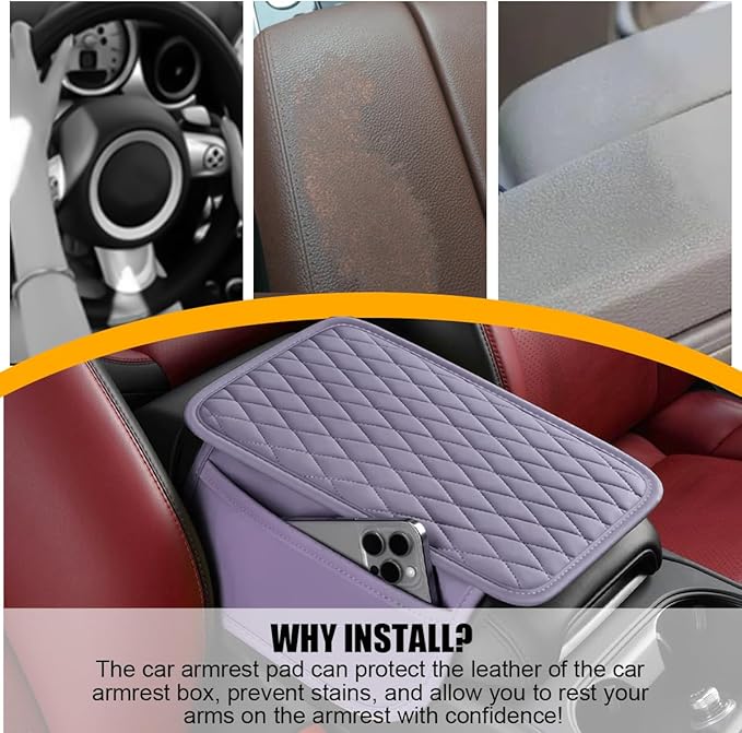 Mandark Car Center Console Cover, Microfiber Leather Vehicle Armrest Protector Cushion with 2 Storage Bags, Auto Interior Arm Rest Seat Box Pad Accessories, Universal for SUV, Sedan, Truck (Purple)