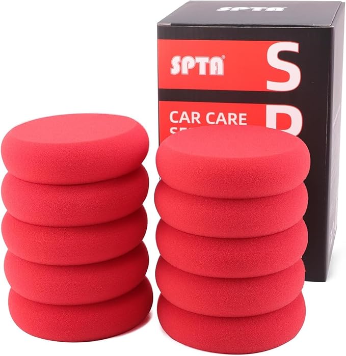 Foam Applicator Pads, SPTA 4 Inch Round Shape Side Pressing Hand Polishing Red Sponge Pads Kit Detailing Buffing Pads for Waxing Polishing Paint Ceramic Glass Cleaning, Pack of 10 -HPWR10