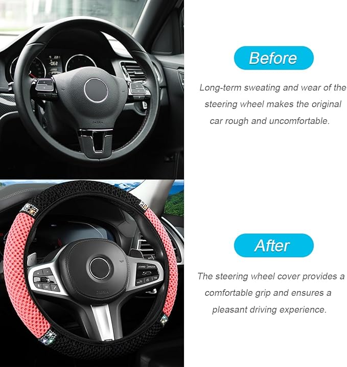 Bling Car Steering Wheel Cover, 15 Inch Crystal Rhinestones Elastic Stretch Breathable Vehicle Steering Wheel Protector for Women Girls, Universal Auto Interior Accessories (Black Rose Red)