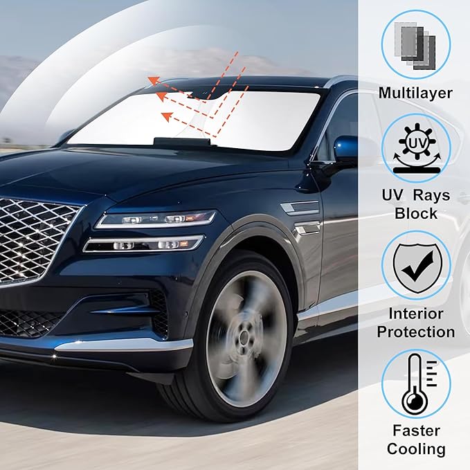 Windshield Sun Shade Custom Fit for 2021 2022 2023 2024 2025 2026 Genesis GV80 Accessories Foldable Sunshade Sun Blocker Protect Car from Sun Rays & Heat Damage Keep Car Cooler