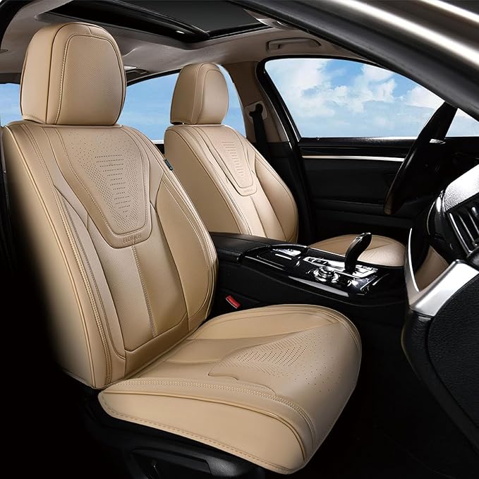 FLORICH Seat Covers, Front Car Seat Covers Luxury Waterproof Faux Leather Seat Covers Cushion, Car Seat Protectors Universal Fit for Most 5 Seats Vehicles - Beige