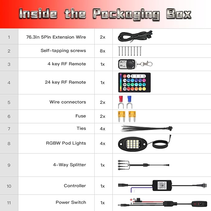 4 Pods RGBW LED Rock Lights for UTV ATV Golf Cart RZR SXS Truck Jeeps Off Road, Waterproof Multicolor Neon Underglow Kit with APP/RF Remote Control&Brake Red Function,12V Pure White Underbody Lights