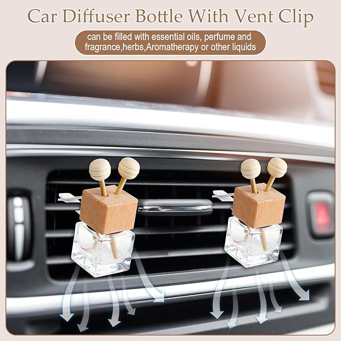 Zubebe 100 Pcs Car Diffuser Bottles Empty Bulk Vent Clip Car Air Freshener Diffuser for Essential Oil Perfume Glass Bottle with Wooden Caps Stick Fragrance Ornament (Colorless)