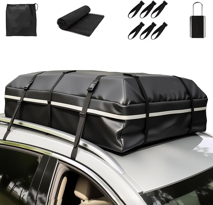 Car Roof Bag, 20 Cubic Feet Rooftop Cargo Carrier, 600D Waterproof Car Top Luggage Storage Bag for All Vehicles SUV with/Without Rack, Include Anti-Slip Mat, 8 Reinforced Straps, 6 Door Hooks