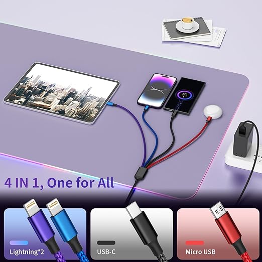 Dual IP 4 in 1 Multi Charging Cable [1Pack 5FT], Nylon Phone Charger USB Cable, Travel Charging Cords with IP/IP/Type C/Micro Port, Compatible with Most Cell Phones/Tablets and More