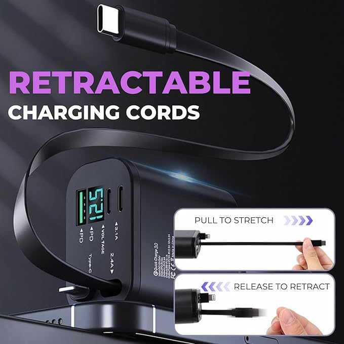 【Upgraded】 Retractable Car Charger 5 in 1 Fast Car Phone Charger | 2 Retractable Cords (Type-C & iOS) with Additional 3 Ports | Charge 5 Devices | Compatible with iPhone & Android Models