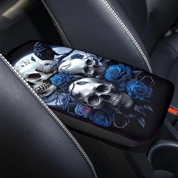Dreaweet Goth Car Accessories for Women Interior Blue Rose and Skull Arm Rest Cover for Car Truck SUV Center Console Cushion Pad Anti Slip Comfort Padded Armrest Cover
