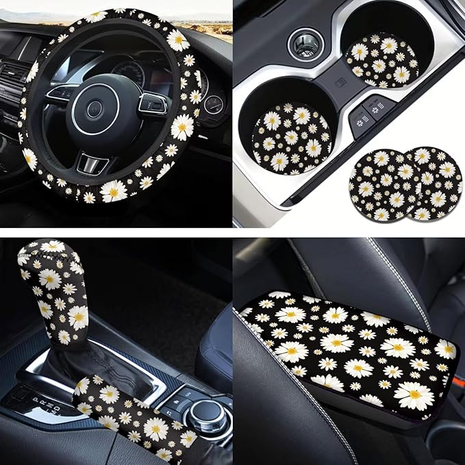 Daisy Flower Car Steering Wheel Cover Set for Women Girl White Flower Handbrake Cover Cup Coaster Armrest Cover Fits Most Cars Trucks Vans and SUV