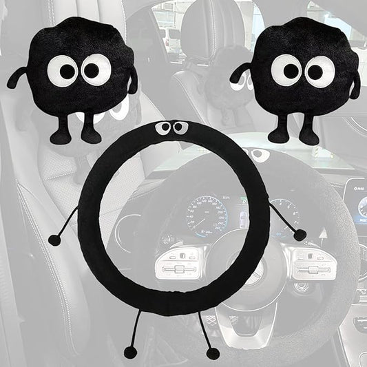 Car Headrest Pillow & Steering Wheel Cover Set with Cute Big-Eyed Furball Travel Neck Support Pillow Fur Car Interior Accessory (Black 3Pcs Set)