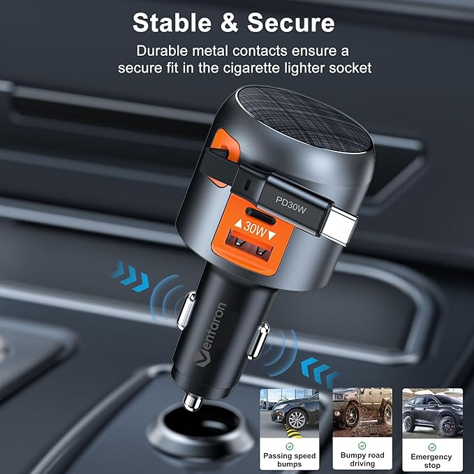 60W Retractable Car Charger, 3-in-1 USB-C Fast Charging Cigarette Lighter Adapter with Built-in Retractable Cable, Compatible with iPhone 16/15 Pro Max, Galaxy S25, iPad – Orange