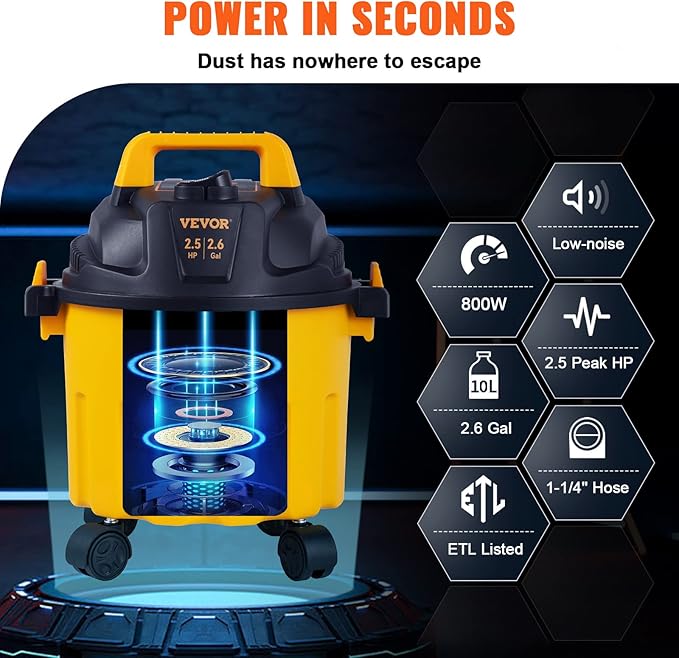 VEVOR 2.6 Gallon 2.5 Peak HP Wet and Dry Shop Vac， Portable Shop Vacuum and Blower 3-in-1 with Filter, Hose and Attachments for Home and Car Cleaning Black/Yellow