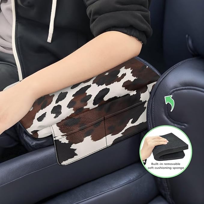 Wanyint Black Brown Cow Print Car Center Console Armrest Cover Anti-Slip Armrest Storage Box Mat Anti-Scratch Middle Console Pad Protective Cover Universal Fit Most Vehicle, SUV, Truck