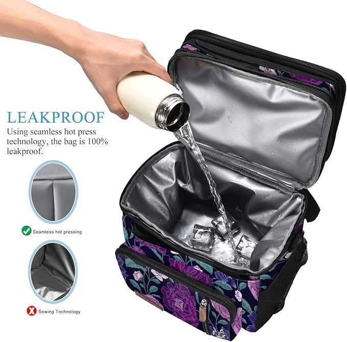 MIYCOO Lunch Bag & Lunch Box for Women Men, Double Deck Leakproof Insulated Soft Large Adult Camping Cooler bag for Work, Beach, Picnic, Travel (Purple Flower, 15L)