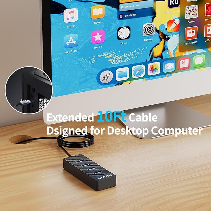 10Ft 4-Port USB 3.0 Hub for Desktop, USB Extender Hub 5Gbps, USB Multiport Adapter, USB Splitter w/Long Cable for Desktop, PC, Flash Drive, Mobile HDD, USB Fan (10 Foot / 3m)