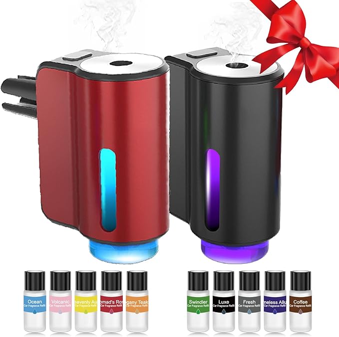 Smart Car Air Freshener,3 Levels Adjustable Strength, Rechargeable Aroma Diffuser, Built-in 220mAh, with 10pcs Aromatherapy Oil, Valentines Gifts for Women Men, Black & Red