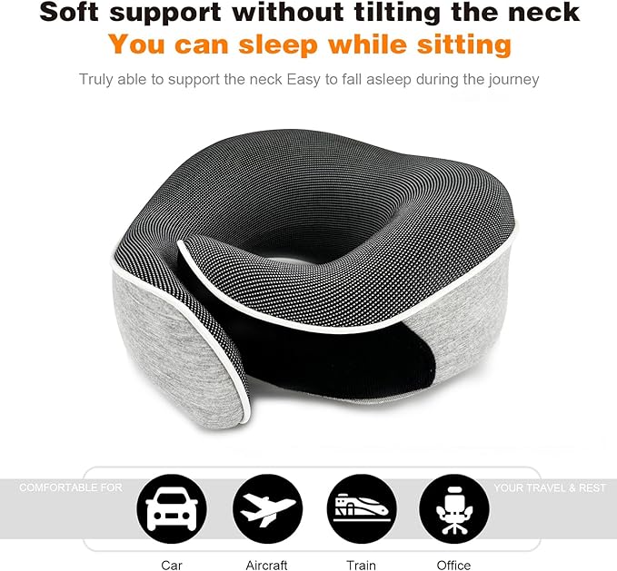 Travel Pillow 100% Pure Memory Foam Neck Pillow, Sleeping Pillow for Car, Train and Airplane, Travel Kit with 3D Contoured Eye Masks and Earplugs (Light Gray)