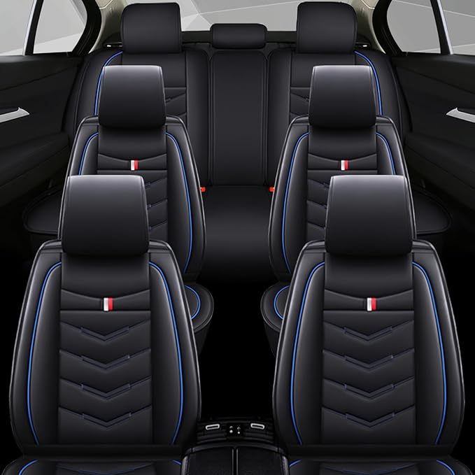 Car Seat Cover 7 Seats for Ford Explorer 2000-2025, Waterproof Durable Compatible Airbag, Premium Leather Seat Protector(7 Seats Standard,Black Blue)