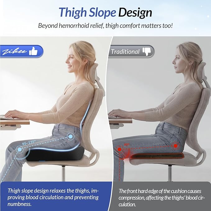 ZIKEE Thickened Seat Cushion, Ergonomic Memory Foam Hemorrhoid Pillow for Hip, Sciatica, Long Sitting Relief, 6.0" Thick Office Chair Cushion with Widened Cutout for Tailbone Pain Relief in Car, Home