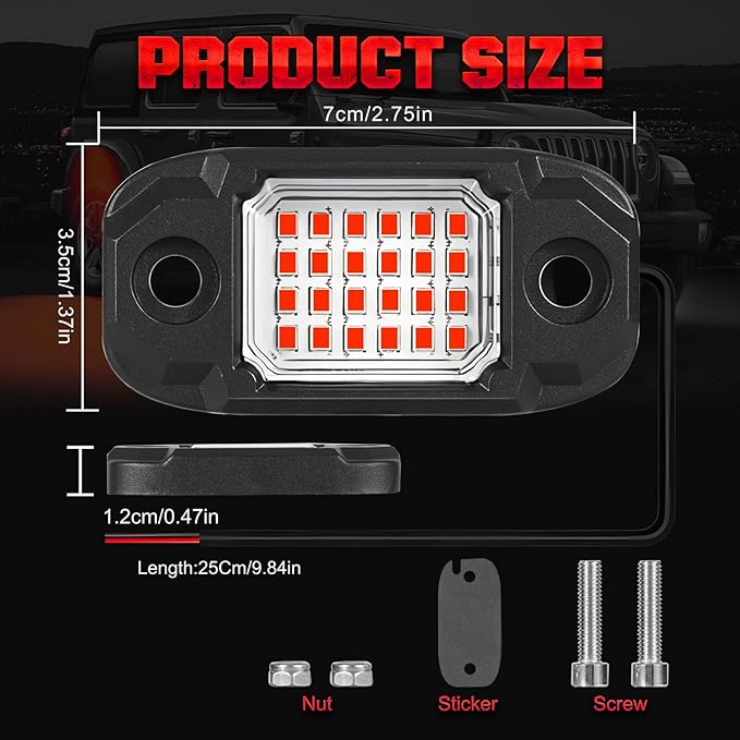 4 Pods Red Rock Lights 24 LEDs Chips Waterproof Neon Trail Rig Lamp Underglow Lights for Car Truck Motorcycle SUV ATV UTV (Red)